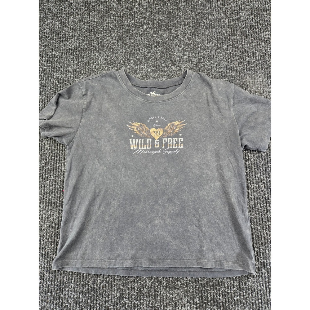 Hollister Womens XS Wild &‎ Free Motorcycle Graphic T-Shirt Acid Wash Gray